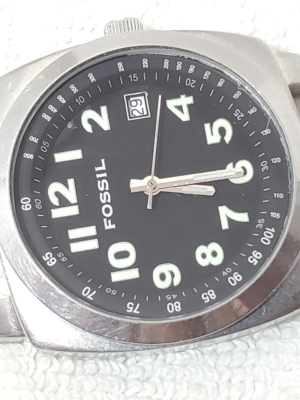 Vintage Fossil Men's Date Stainless Steel Quartz Watch Black Dial One Jewel
